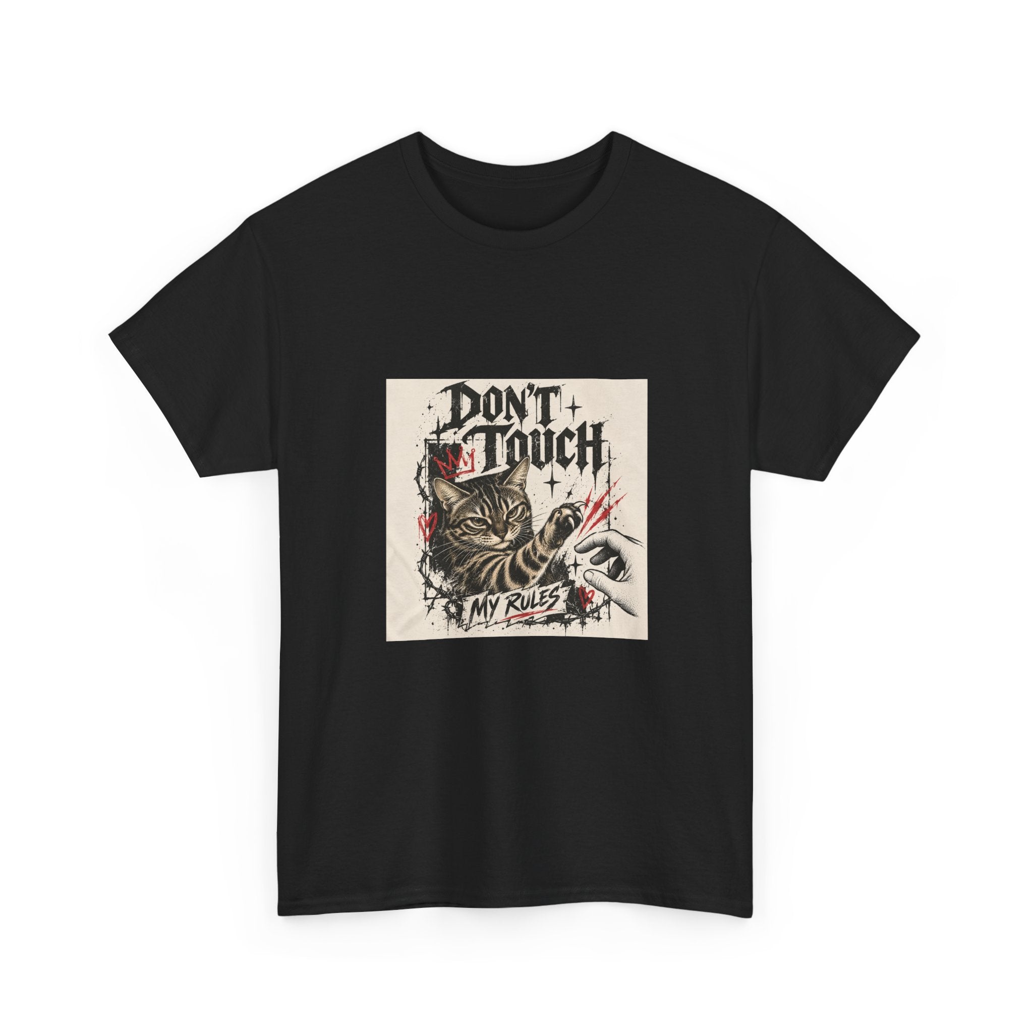 Gildan 5000 T-shirt product mockup for the Don't Touch My Rulez cat design